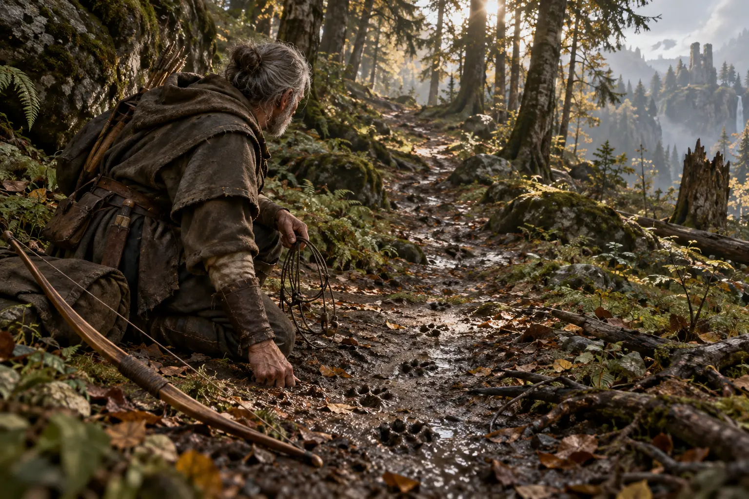 Wilem Wesdin, chasseur, dans un sentier forestier vallonné, arc simple, collet démonté et traces au sol.