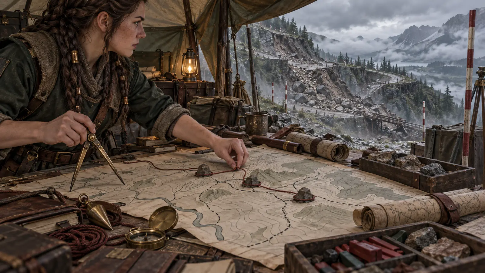 Ysolda Durgan, cartographe royale nain, en activité dans son environnement.
