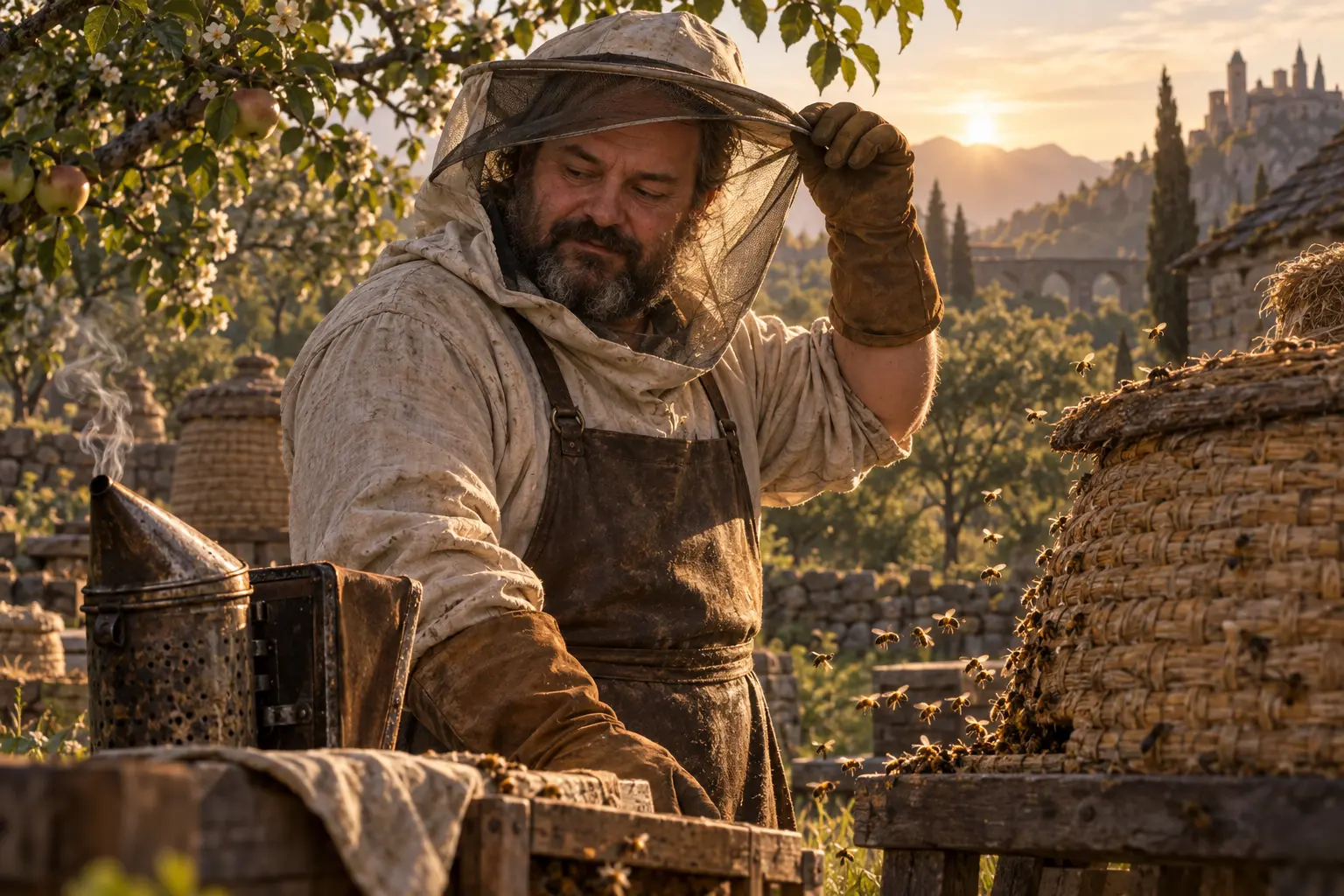 Zoran Garac, apiculteur, dans un verger paisible avec ruches en paille, voile d’apiculteur et lumière dorée naturelle.