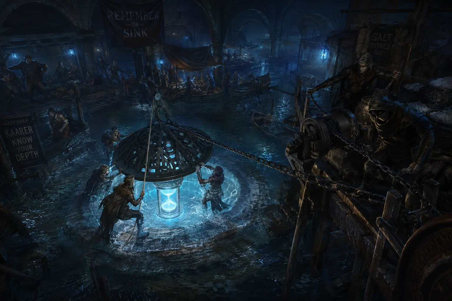 Des aventuriers dans un marché souterrain inondé tentent de soulever une grille de bronze vers une clepsydre lumineuse, tandis que des civils attendent sûr des etals et que des silhouettes masquees observent.