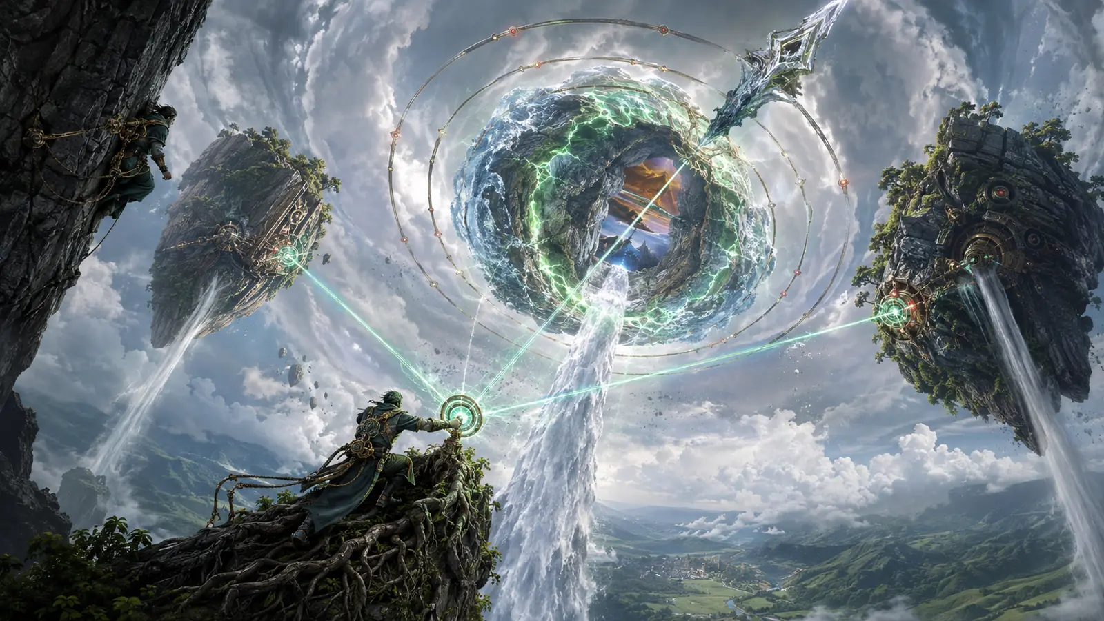 Des aventuriers maintiennent une rune de gravité sur un temple fragmenté tandis qu'une cascade tombe vers le ciel autour d'un cœur élémentaire lumineux.