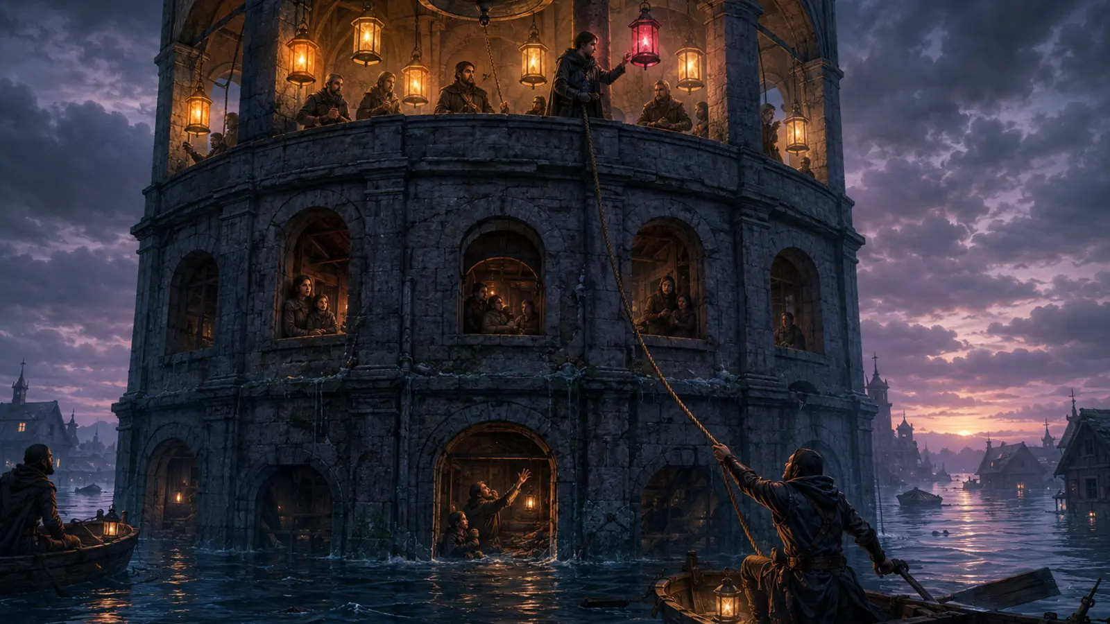 Un beffroi entouré par la crue, avec des lanternes colorées suspendues au sommet et des villageois coincés aux étages inférieurs.