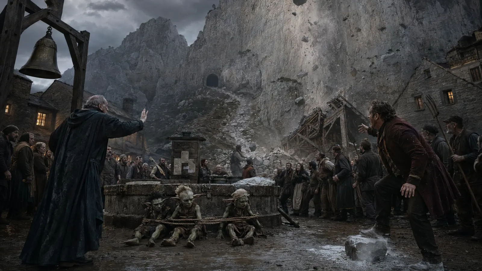 Sur la place d'un village au pied d'une montagne blanche, trois gobelins capturés sont jugés par une foule inquiète tandis que des pierres commencent à tomber de la falaise.