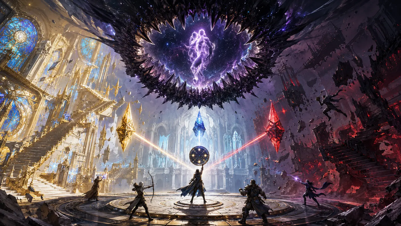 Des aventuriers bondissent entre trois versions superposées d'un sanctuaire tandis qu'une aberration annulaire dévore un ciel d'étoiles futures.