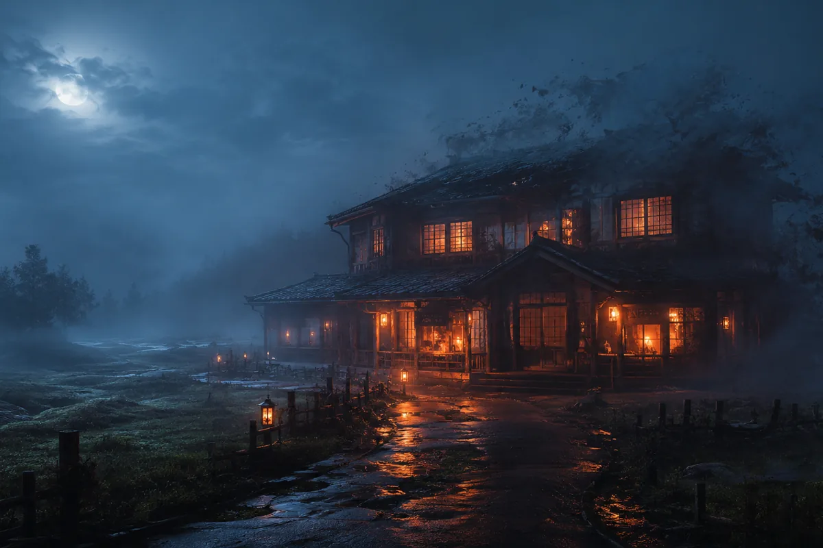 Auberge isolée dans la brume nocturne, éclairée de l’intérieur et semblant disparaître.