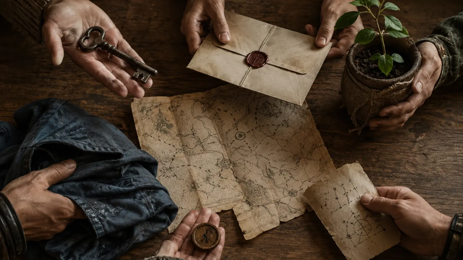 Table de récompenses modestes avec clé, carte annotée, lettre scellée, bouture en pot et cape de pluie pliée.
