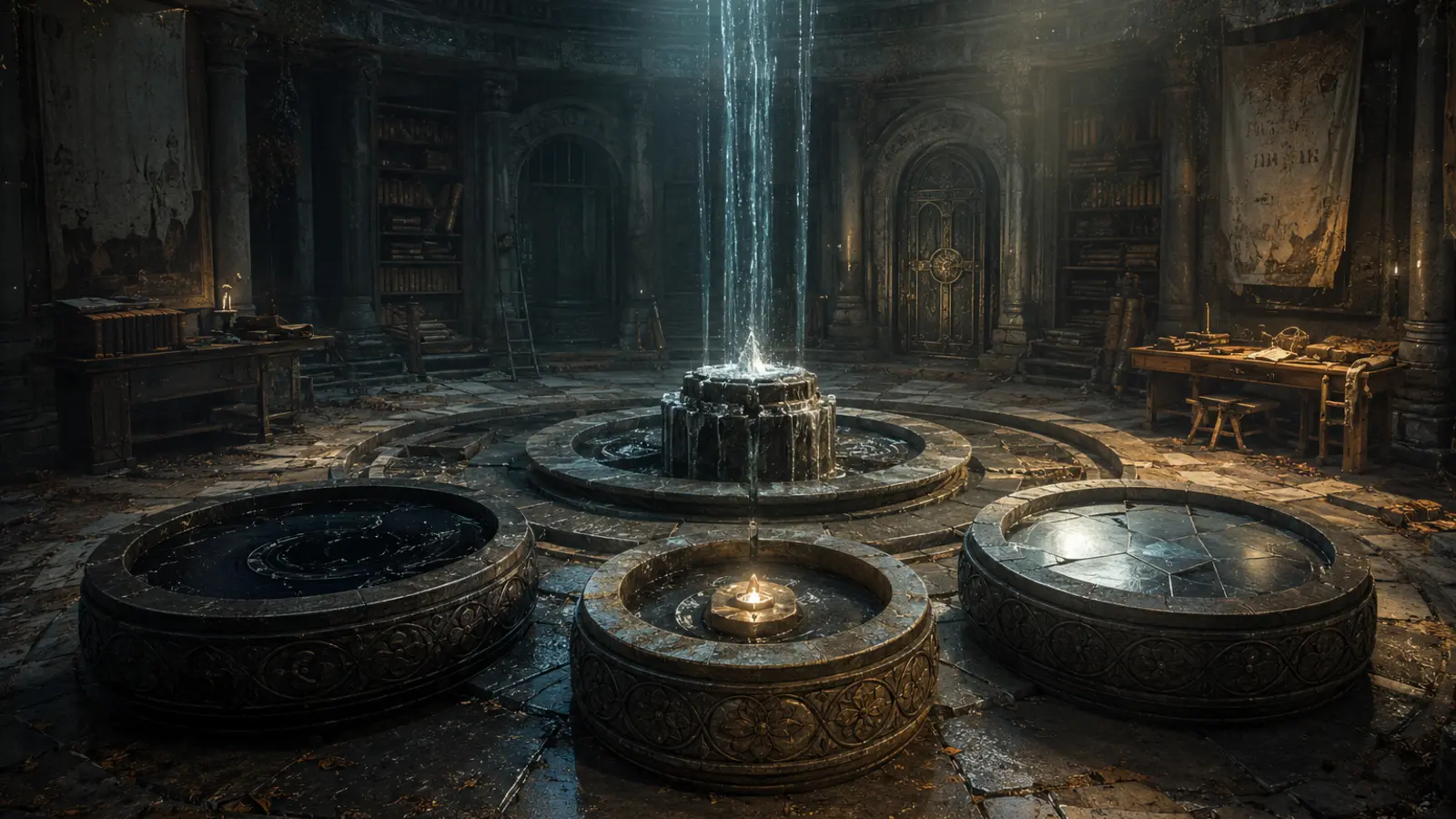 Fontaine de pierre dans une salle d'archives abandonnée, avec trois vasques gravées et une eau qui s'élève vers la lumière.