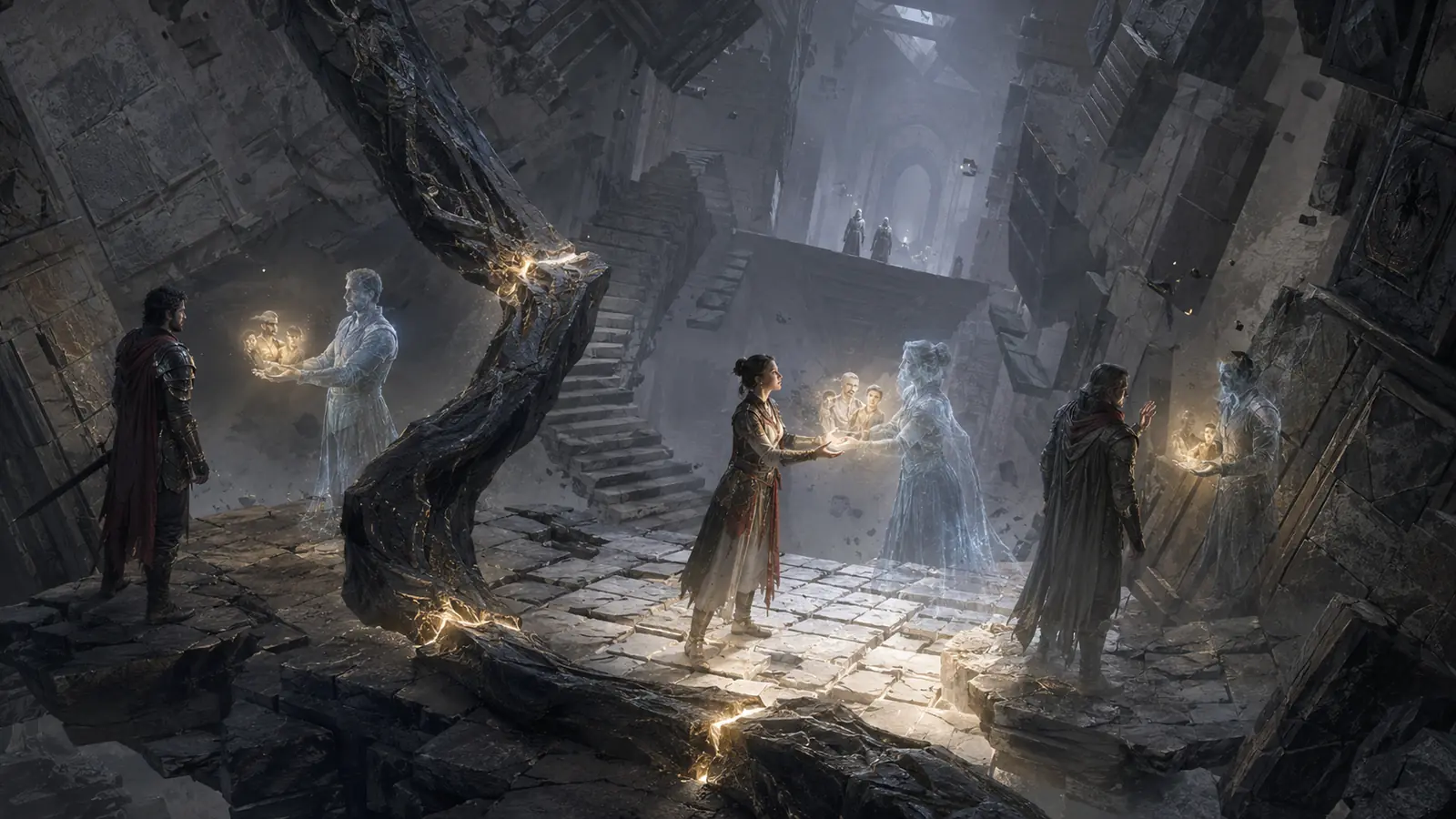 Dans une crypte aux murs renversés, des silhouettes de mémoire tendent des fragments lumineux à des aventuriers autour d'une racine nécrotique.