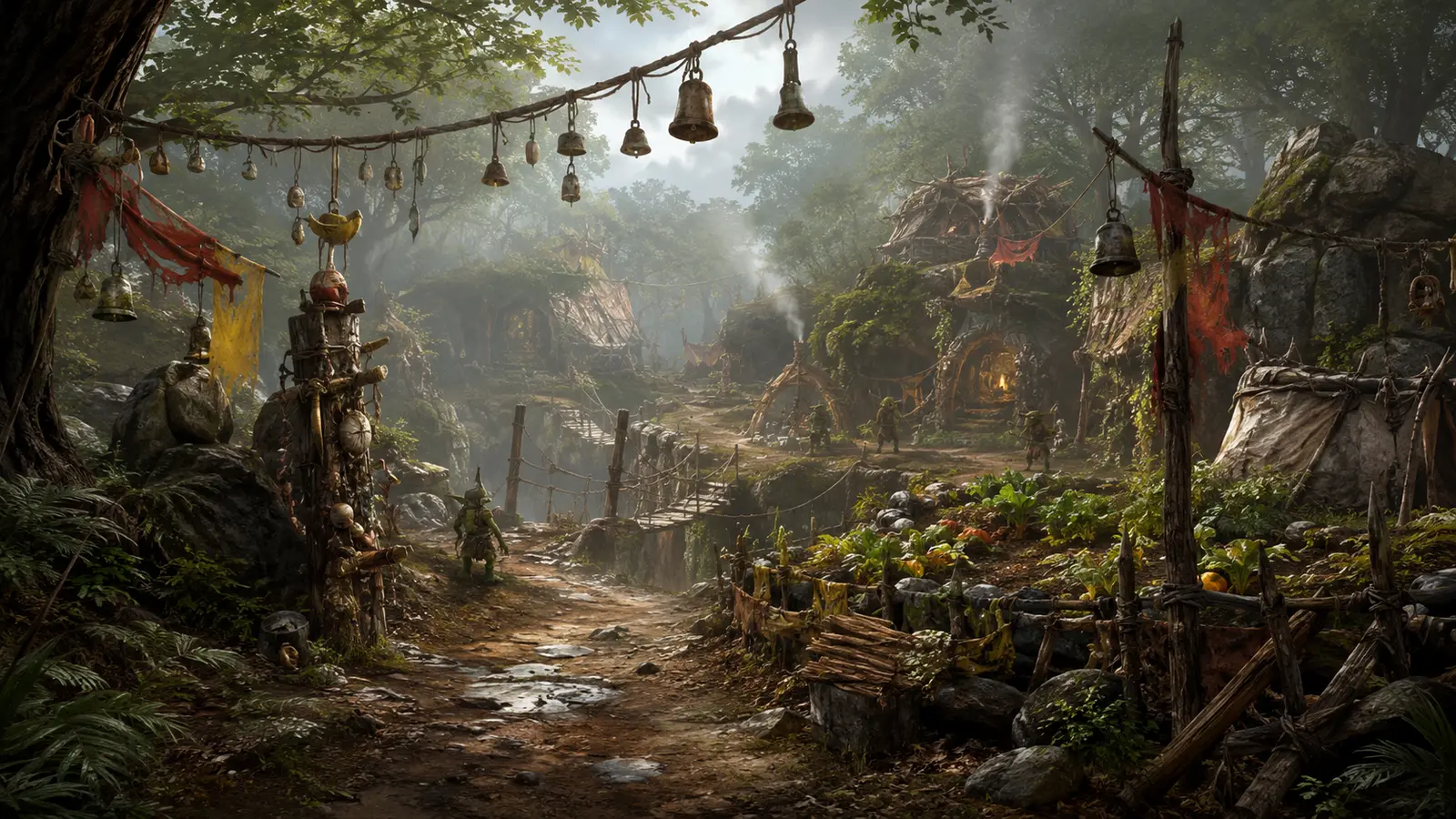 Un sentier boise menant vers un village gobelin discret, avec clochettes d'alarme, potager improvise, passerelle de cordes et fumee de foyers au loin.