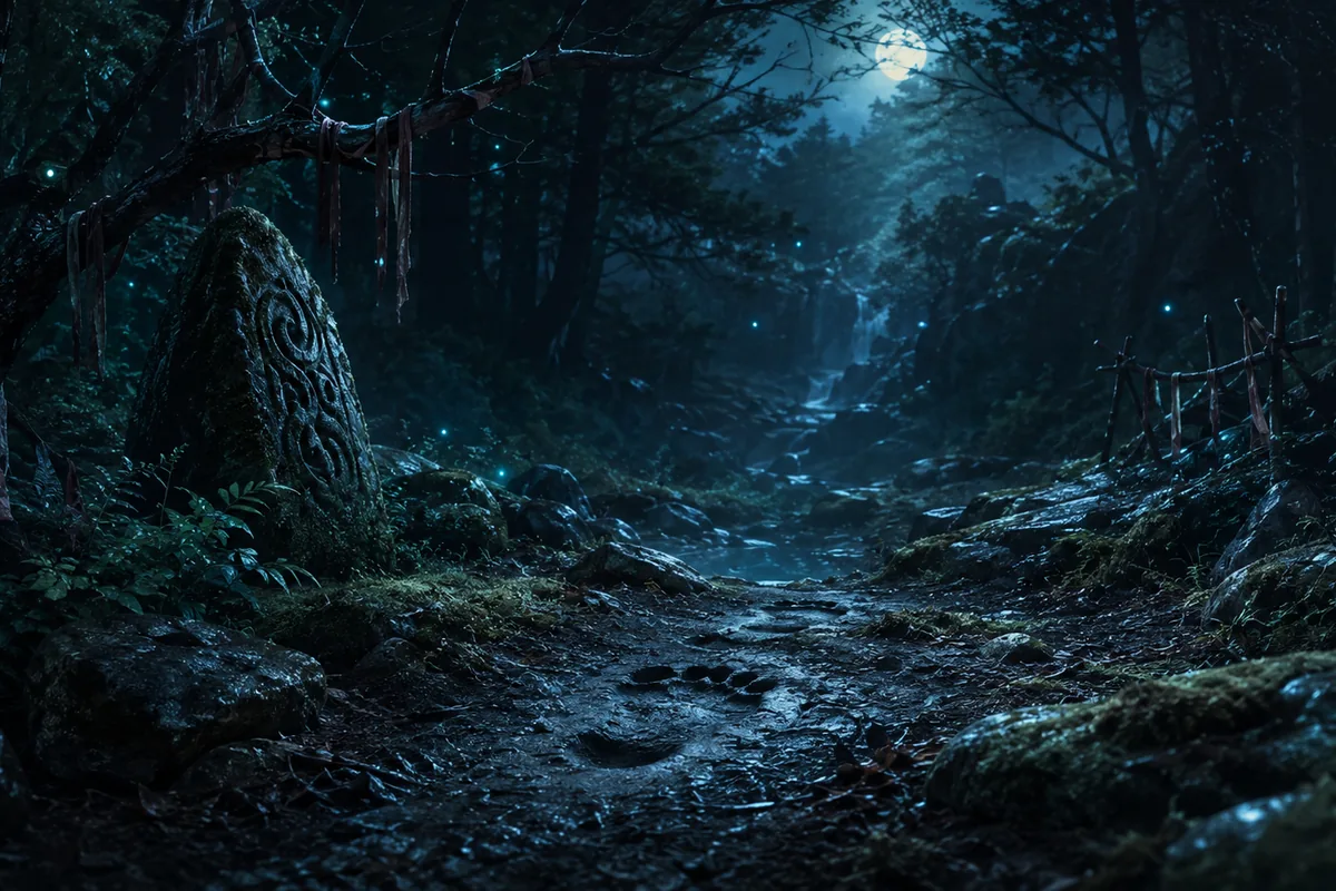 Sentier de forêt nocturne avec pierres gravées, rubans et lueurs froides.
