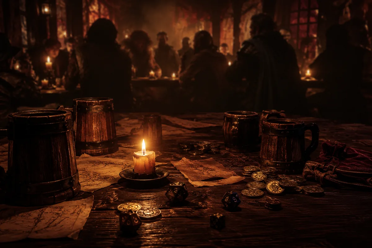 Table de taverne sombre avec chopes, bougie, dés et papiers griffonnés.