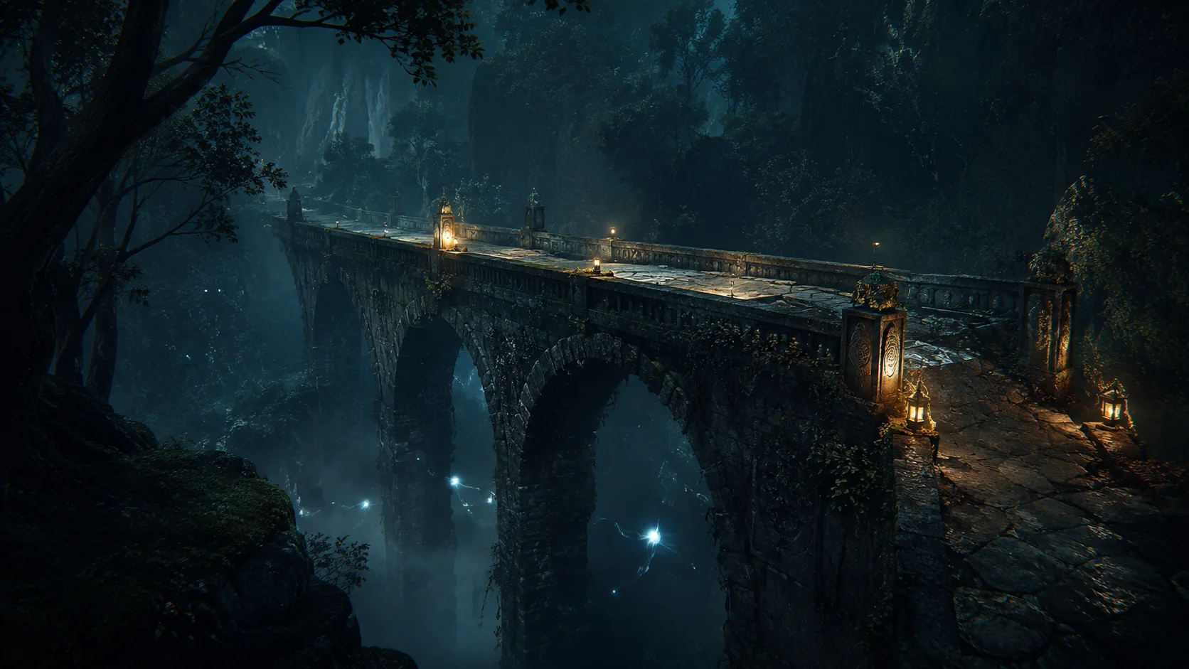 Pont de pierre ancien traversant un ravin brumeux dans une forêt enchantée.